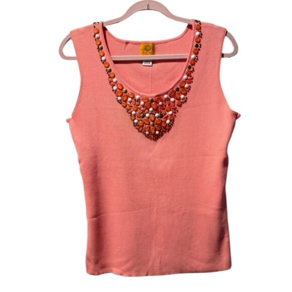 NWOT Ruby Rd Woman’s Beaded Ribbed Tank Coral Colorful Beach Summer top - Picture 1 of 11